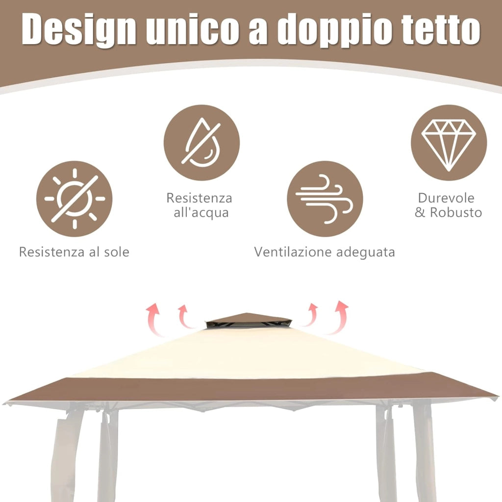 Gazebo da Giardino 395 x 395 cm Pop Up, Gazebo Pieghevole con Doppio Tetto e 3 Altezze Regolabili, con Borsa,Tessuto Oxford, Impermeabile, per Feste, Barbecue, Giardino, Spiaggia (Marrone)
