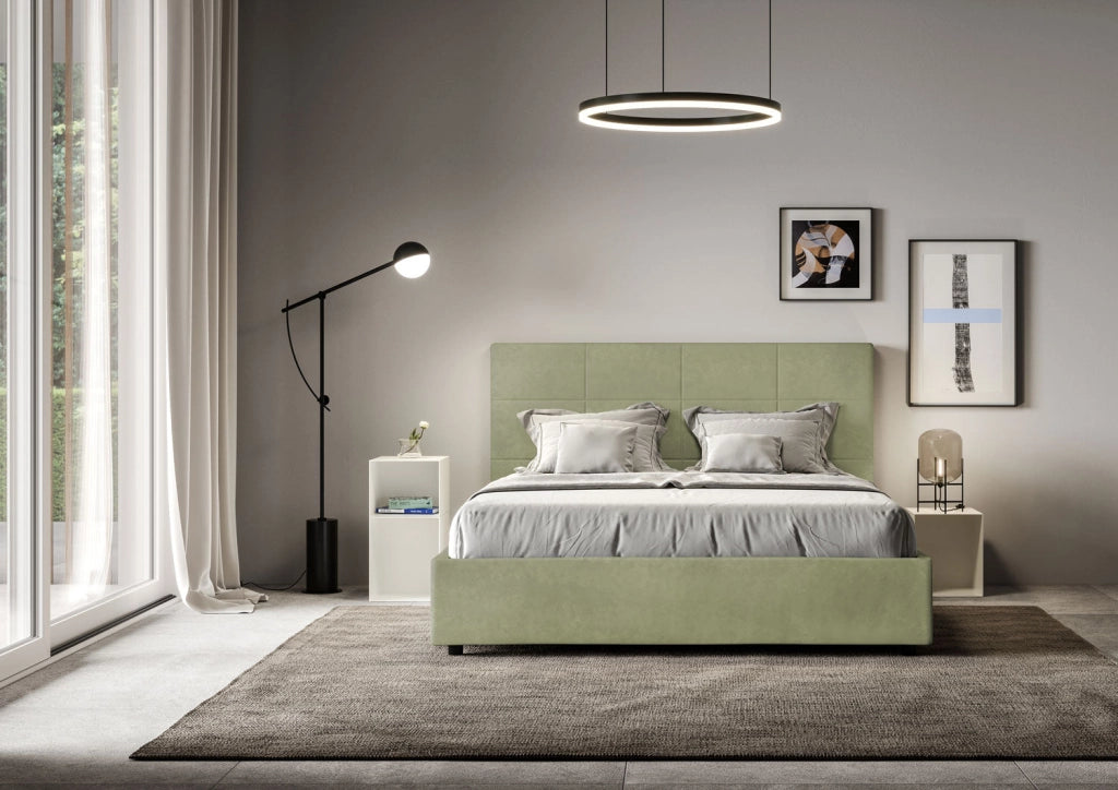 Letto queen size con rete imbottito 150x190 microfibra blu Mika