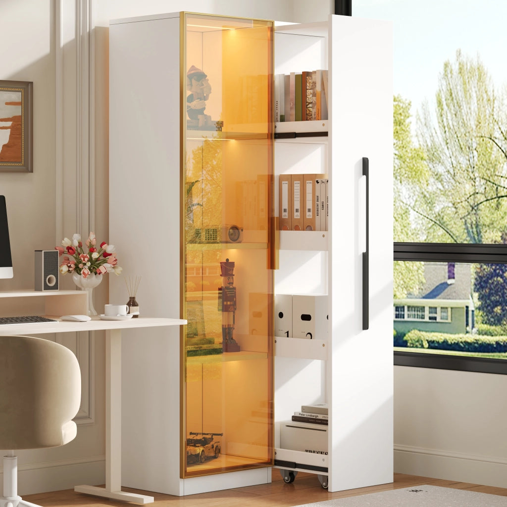 Vetrina con 2 Ante in Vetro e Modulo Laterale Estraibile con LED; Stile Moderno; in MDF; 70??40??160 cm; Bianco