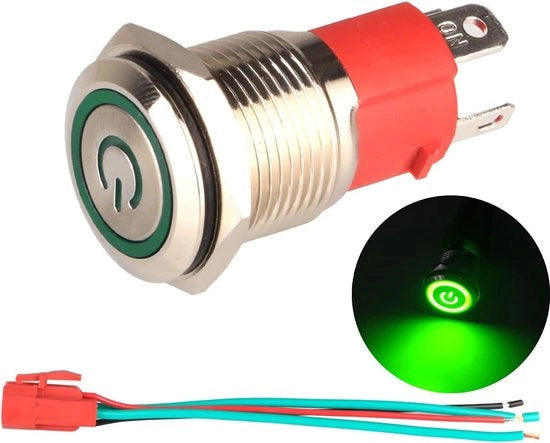 Pulsante a Distanza 12V-24V / 15A Non Idrogrado Lampada LED Verde con LED con Interruttore a 16 mm con Prese di Corrente