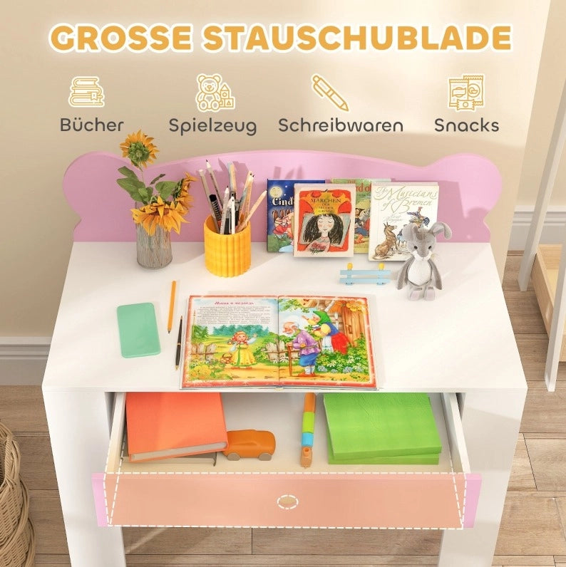 Set scrivania per bambini con sedia e cassetto rosa