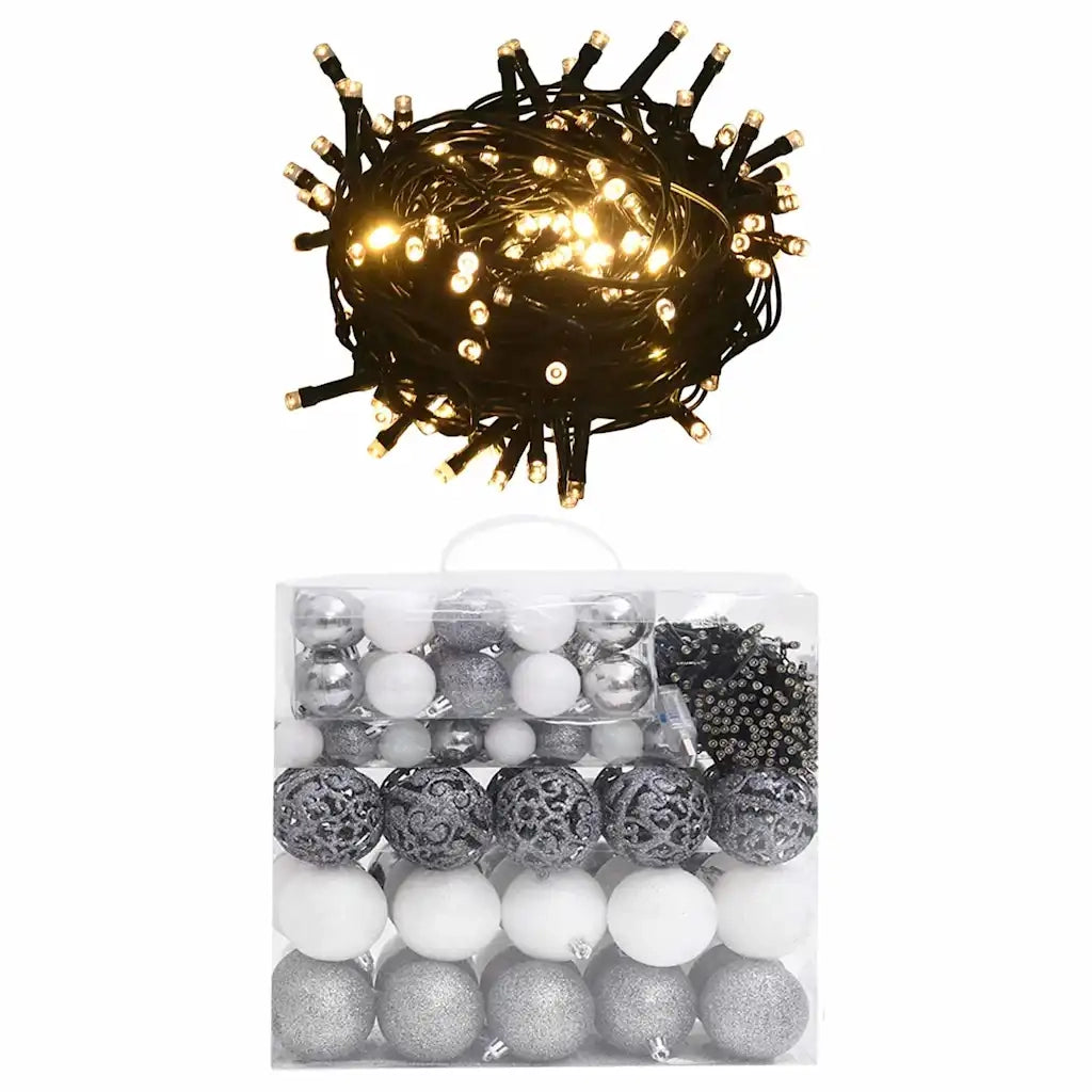 Set Natale con 120 Palline Punta e 300 Luci LED Bianco e Grigio cod mxl 51356
