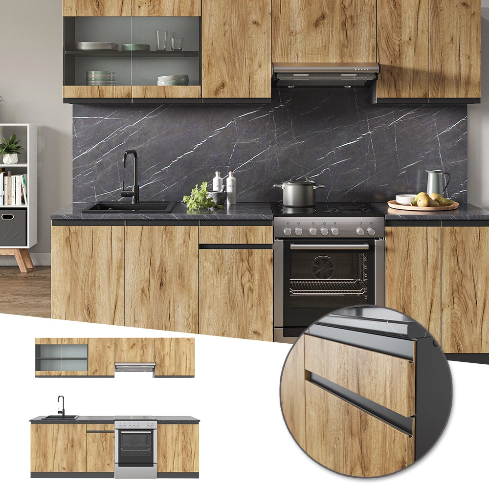 Cucina componibile Raul Rovere dorato/Antracite 240 cm senza piano di lavoro con striscia LED Vicco