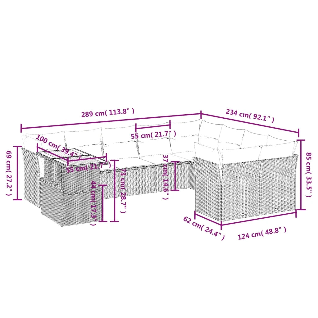 Set Divano da Giardino 10 pz con Cuscini Grigio in Polyrattan