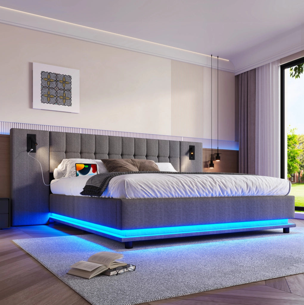 Letto imbottito 180x200 cm con LED; spot e USB in lino grigio