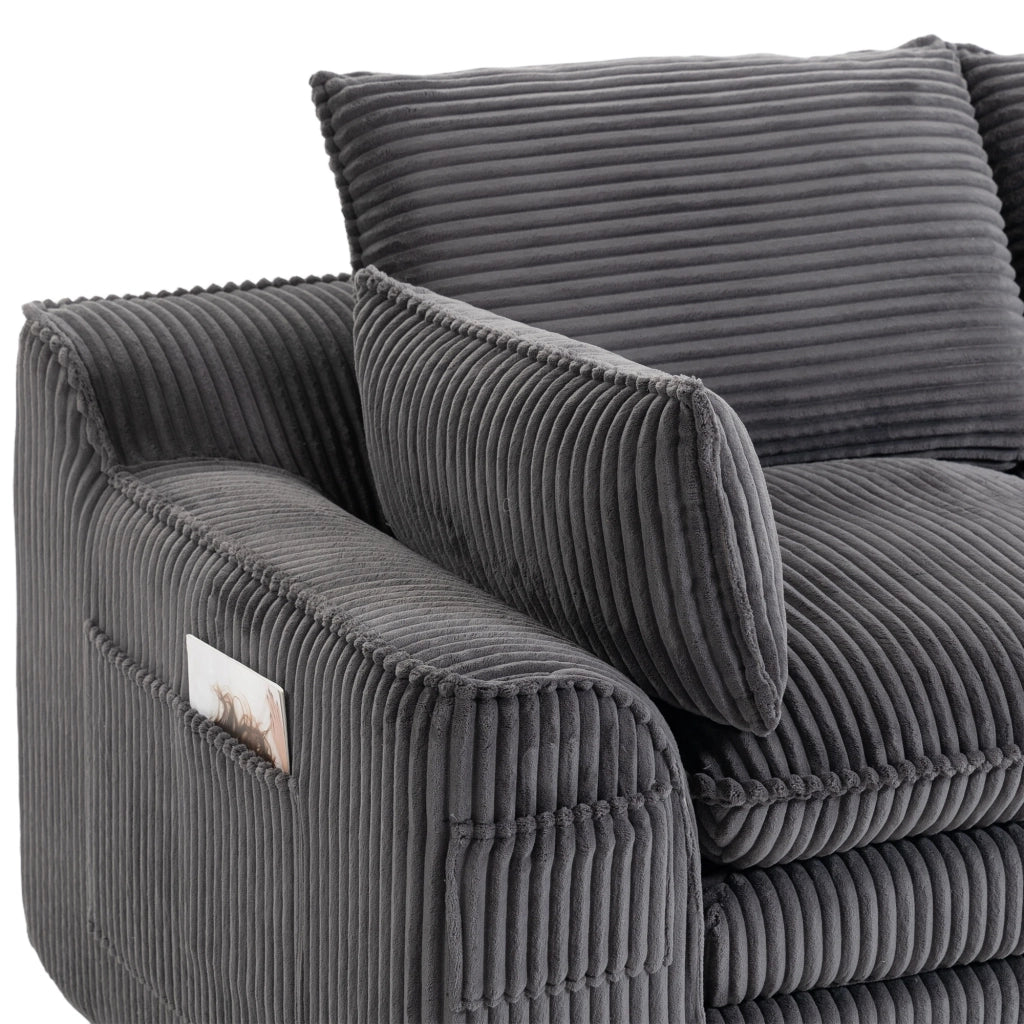 Divano 2 posti in corduroy grigio scuro con cuscini e tasche laterali, 191x94x85 cm