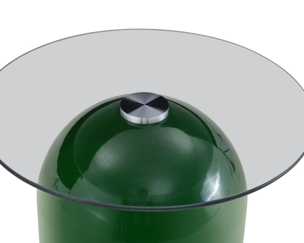 Tavolini bassi impilabili con 2 piani rotondi in vetro temperato e base in metallo laccato lucido; verde e caffè chiaro