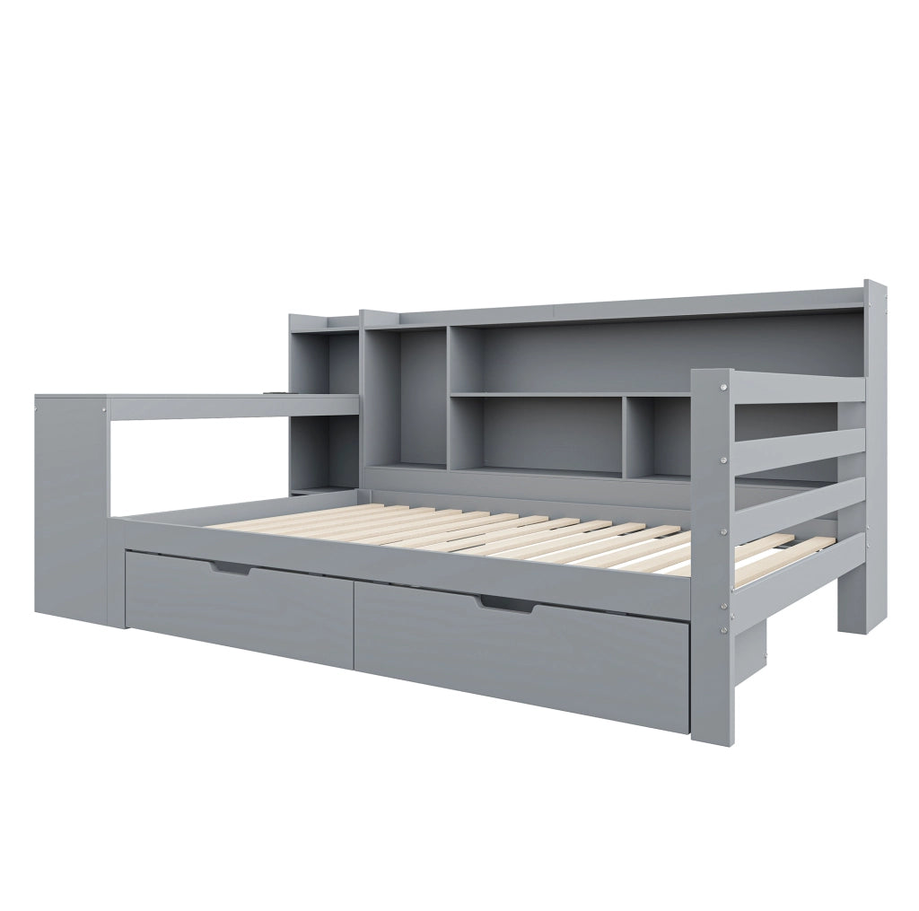 Letto singolo multifunzione 90x200 cm con scrivania; cassetti e USB in legno grigio