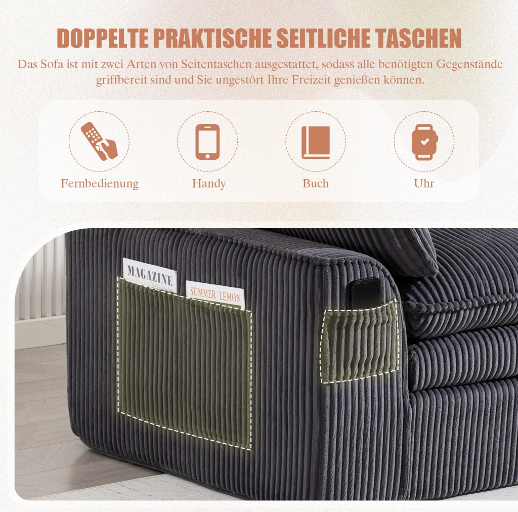 Divano modulare 2 posti in tessuto a coste grigio scuro con cuscini e tasche laterali di diverse dimensioni
