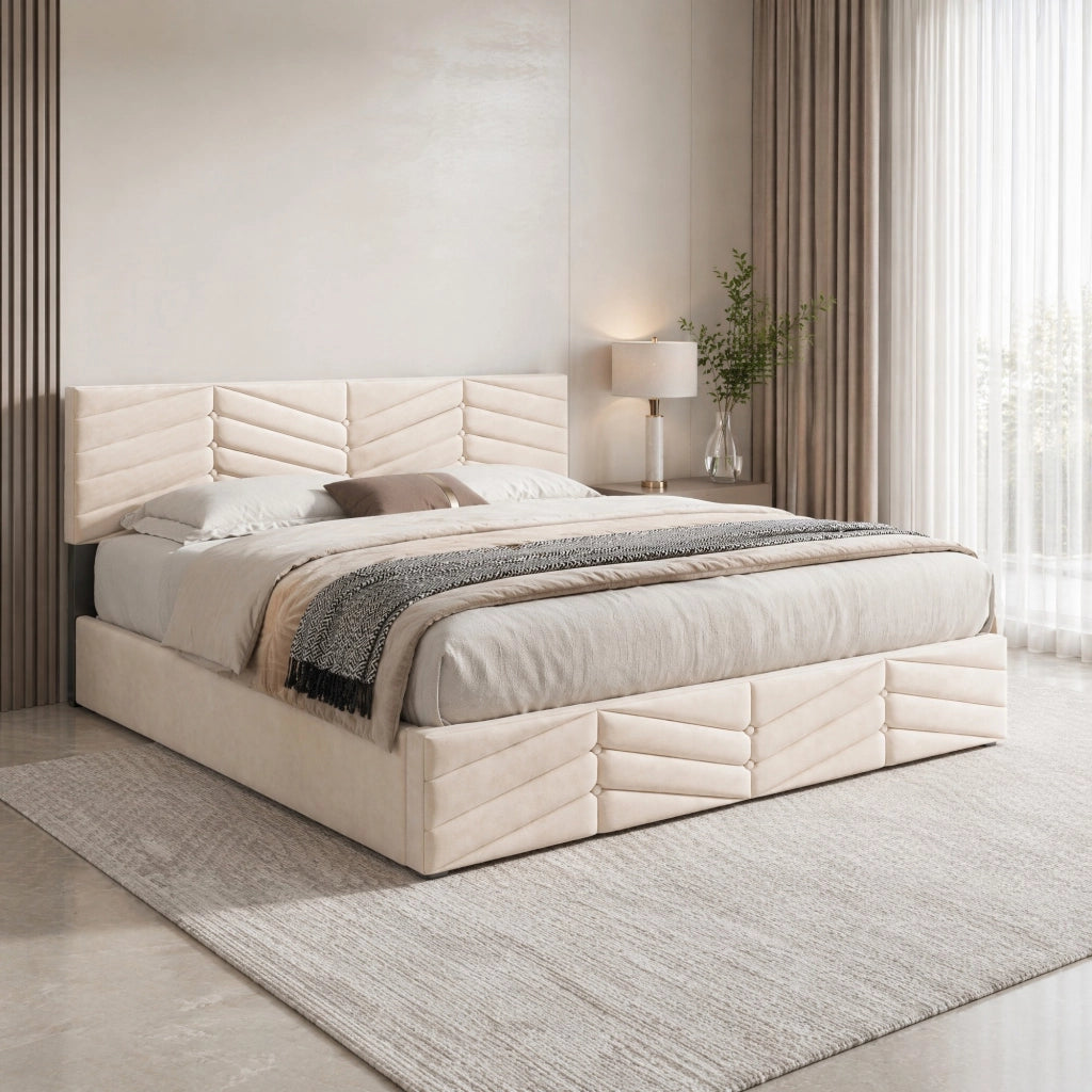 Letto imbottito 140x190 cm con testiera regolabile, velluto beige, rete a doghe, struttura stabile