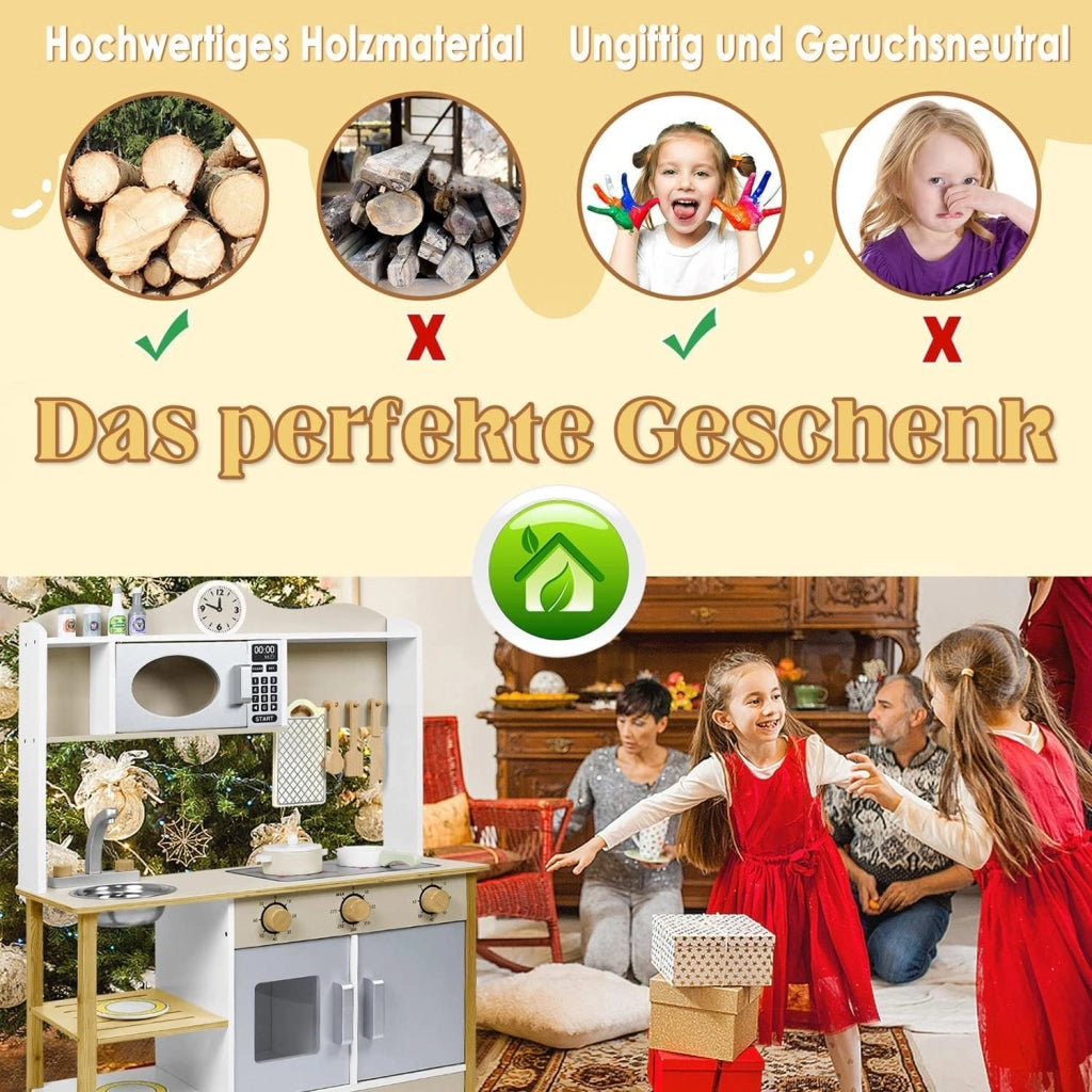 Cucina giocattolo per bambini in legno con piano cottura, forno a microonde, rubinetto, lavandino e accessori da cucina, giocattolo per bambini a partire dai 3 anni, 65 x 24 x 85 cm