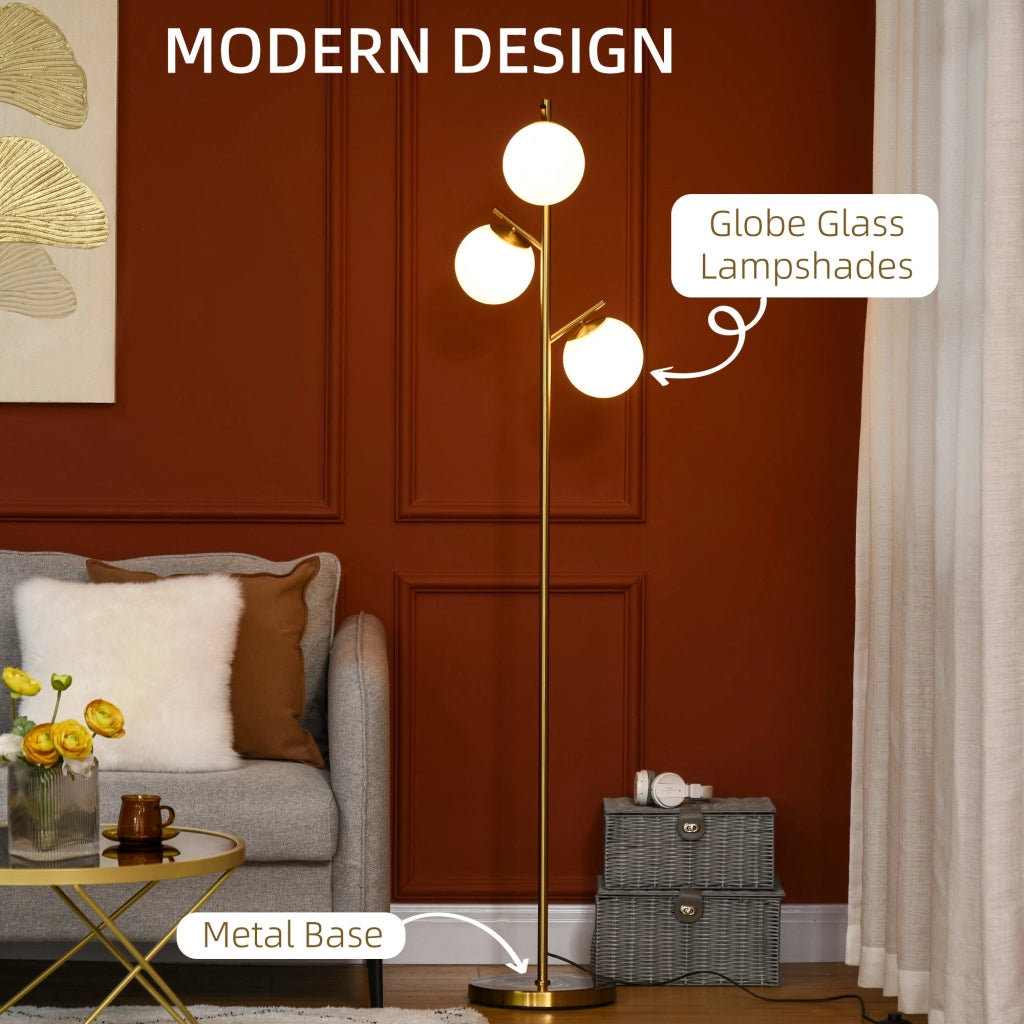 Lampada da Terra Moderna Ø27x159 cm con 3 Punti Luce in Acciaio e Vetro Oro