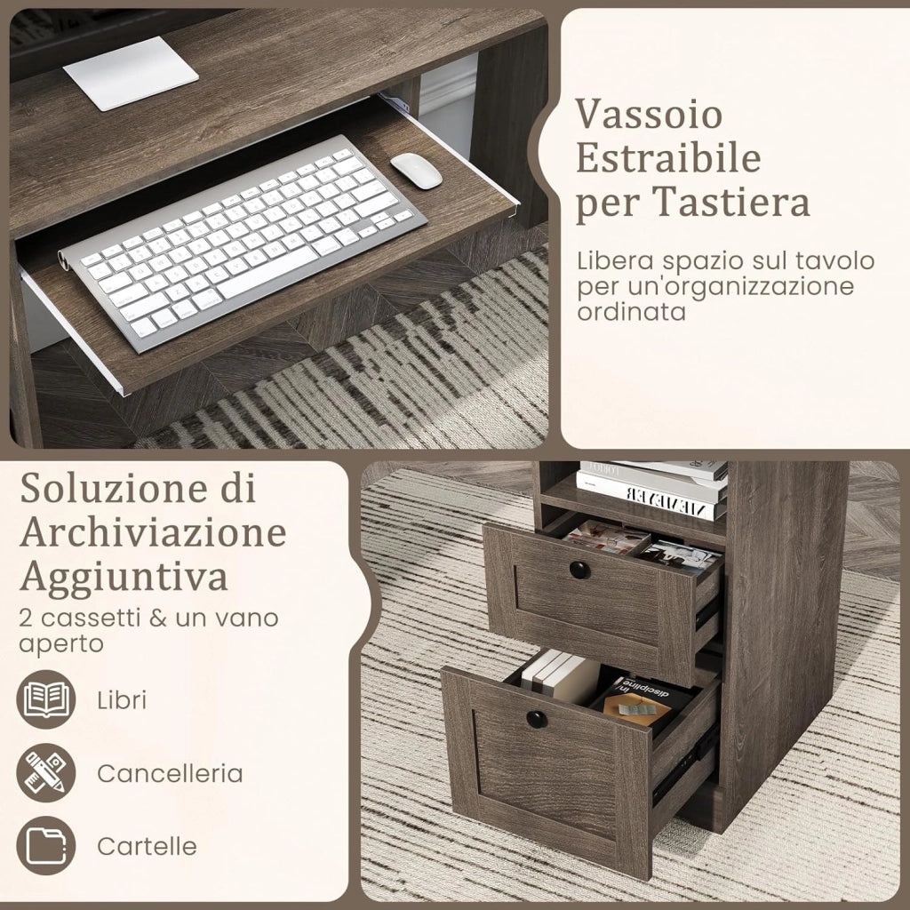 Scrivania ad Angolo a Forma di L, Scrivania per Studio in Legno con 2 Cassetti, Tavolo per computer per Ufficio Studio, 168 x 168 x 76 cm (Grigio)