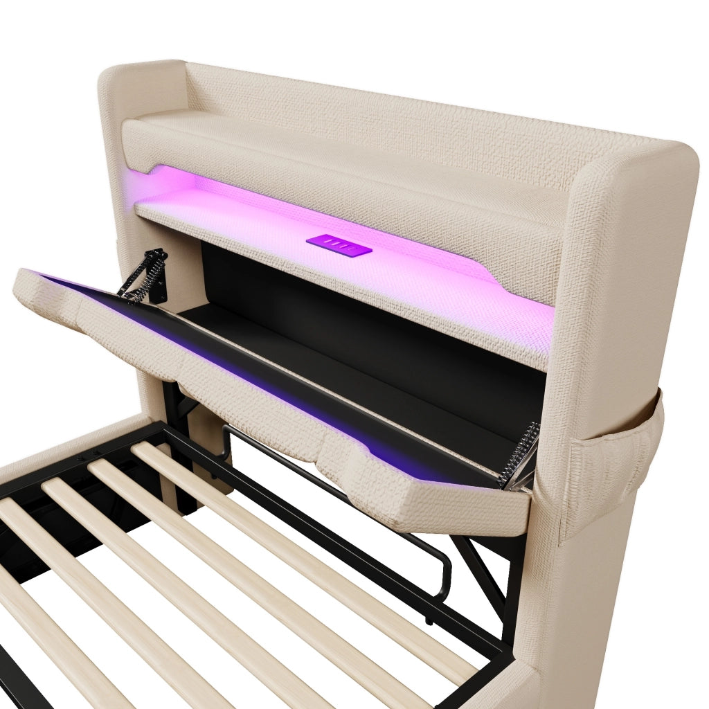 DESMIU Lit Contenitore 90 × 200 cm 1 posto con USB, Type C, LED, materasso incluso, in lino, beige