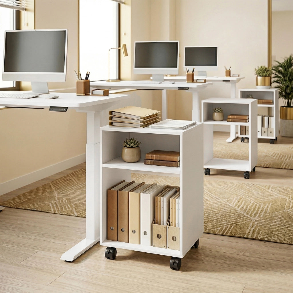 Mobile Porta Stampante 40x35x55 cm con Ruote a Freno e 2 Scomparti Aperti in Legno Bianco