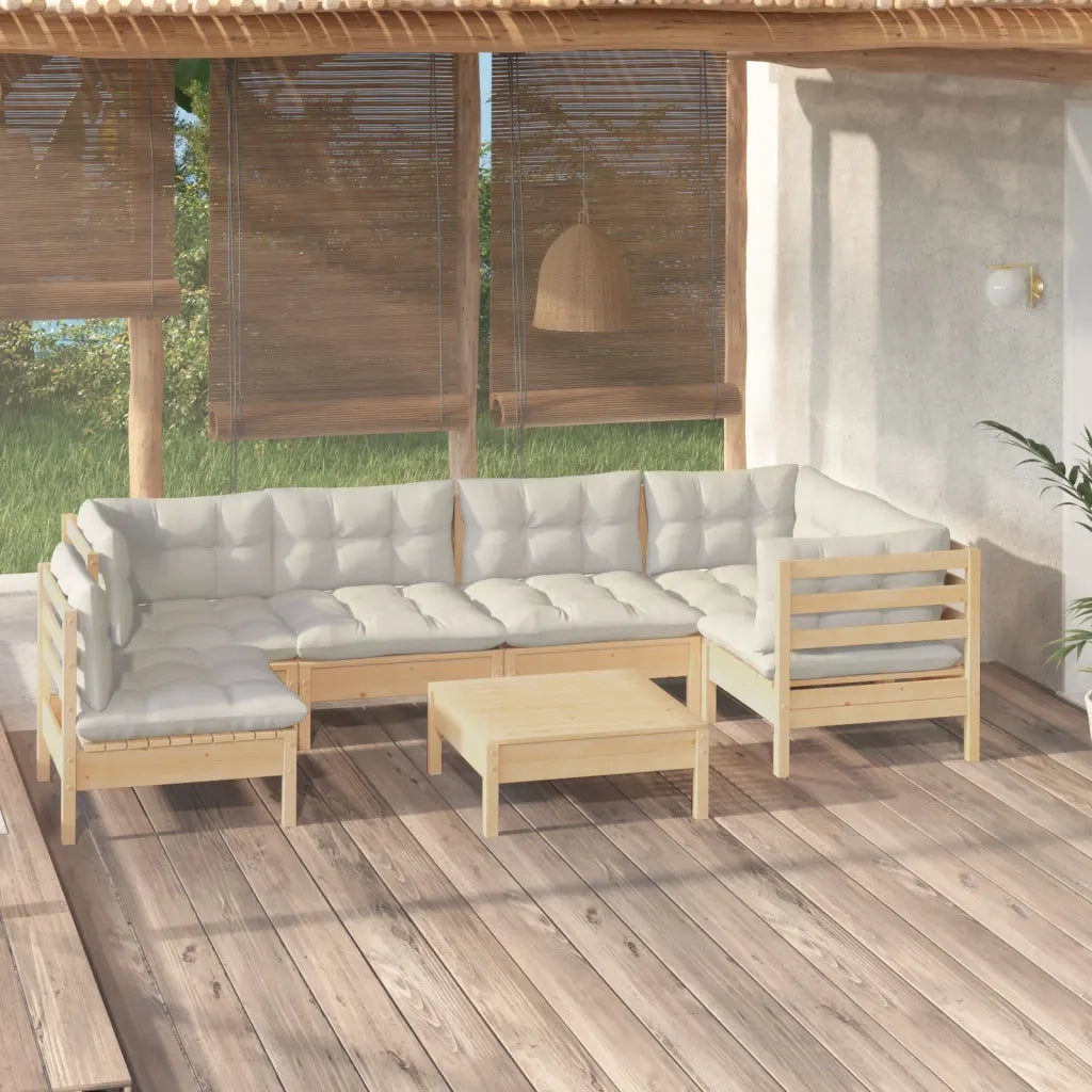 Set Salotto da Giardino 7pz con Cuscini Crema in Legno di Pino 3096424