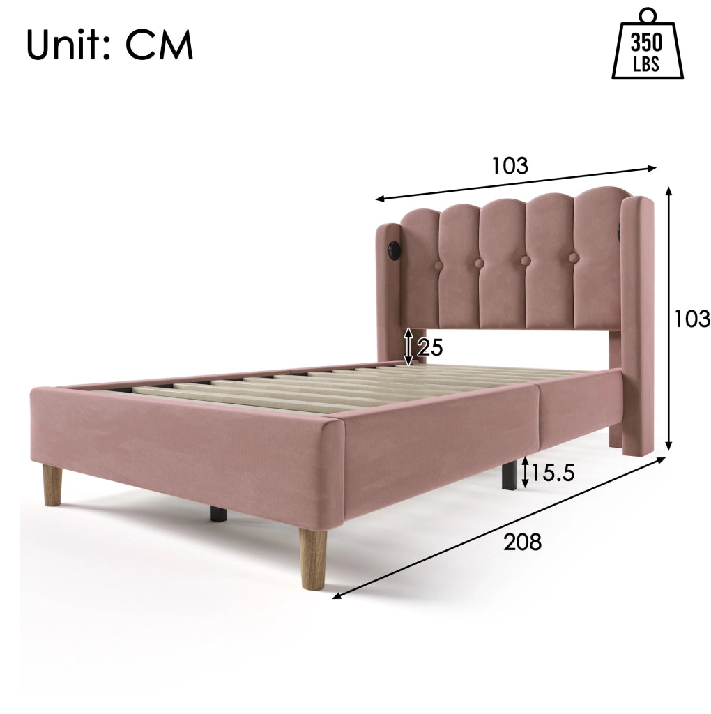 Letto singolo 90x200 in velluto rosa con USB Type-C， rete a doghe