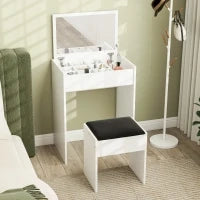 Tavolo da Trucco con Specchio Richiudibile, Tavolo da Trucco Moderno, con Sgabello, Vano Contenitore (10 Scomparti), MDF Bianco, 60.2 x 40.2 x 79cm