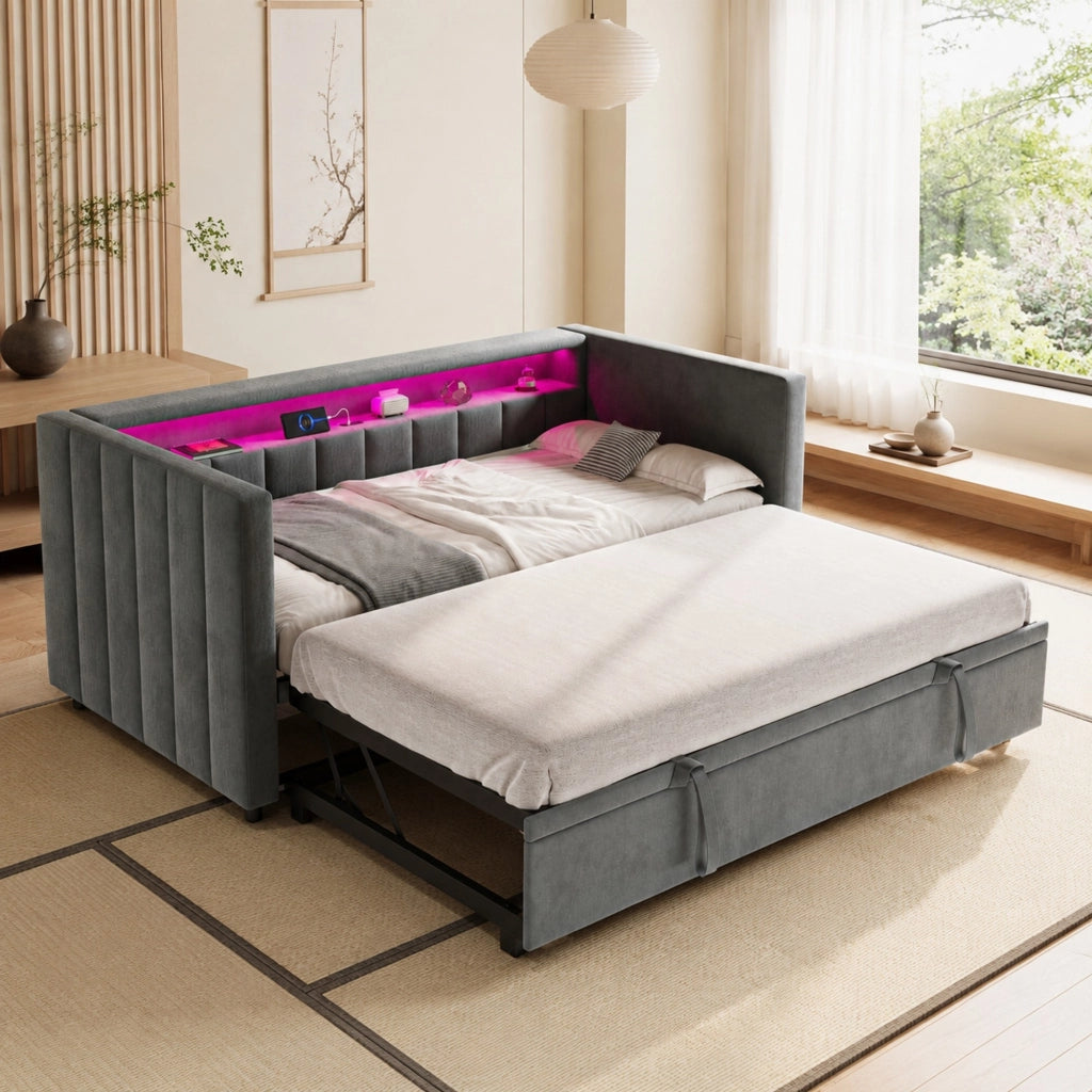 Divano letto estraibile 90x190 cm con LED; USB Type-C; velluto grigio scuro