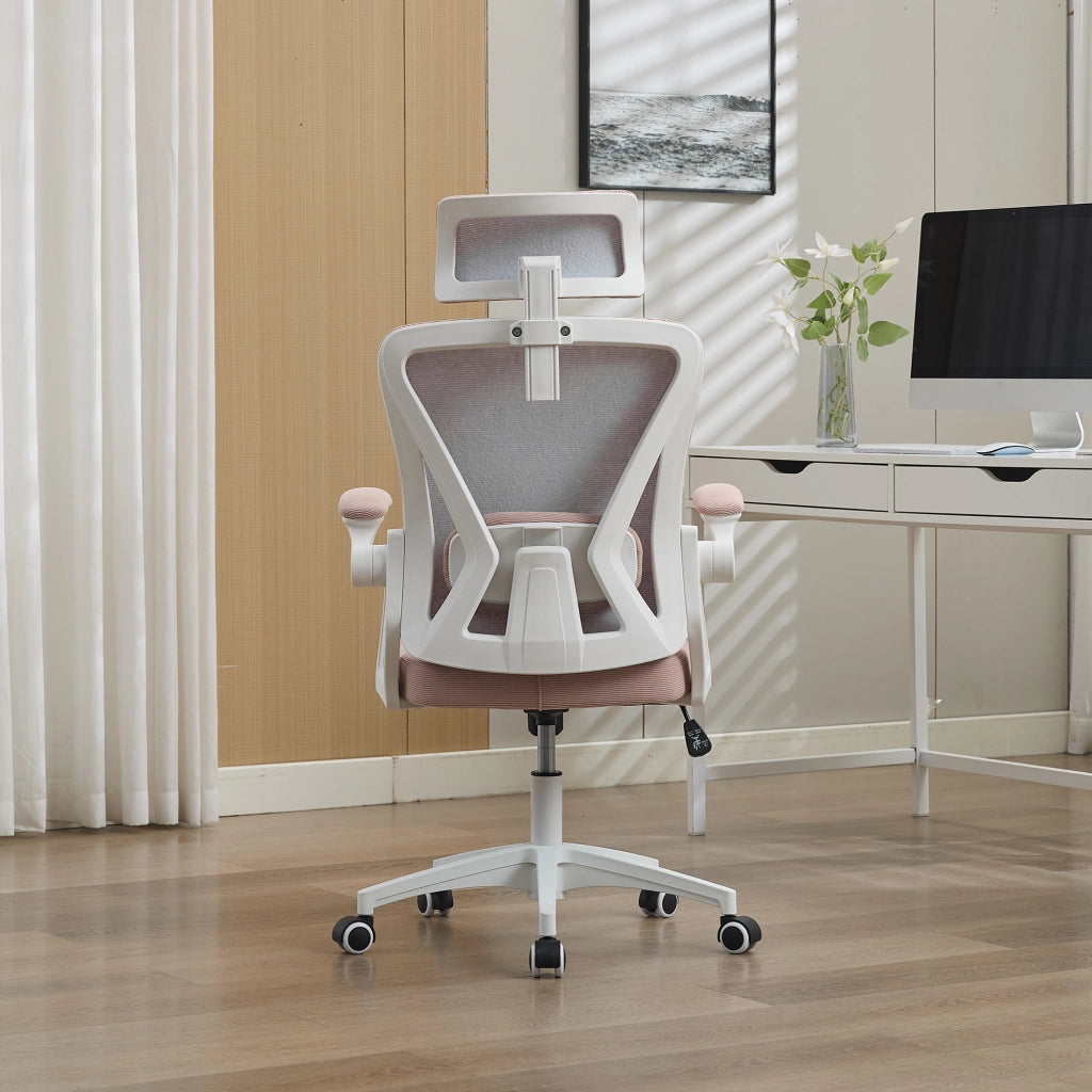 Sedia da ufficio ergonomica in rete con supporto lombare regolabile, braccioli pieghevoli e ruote silenziose rosa