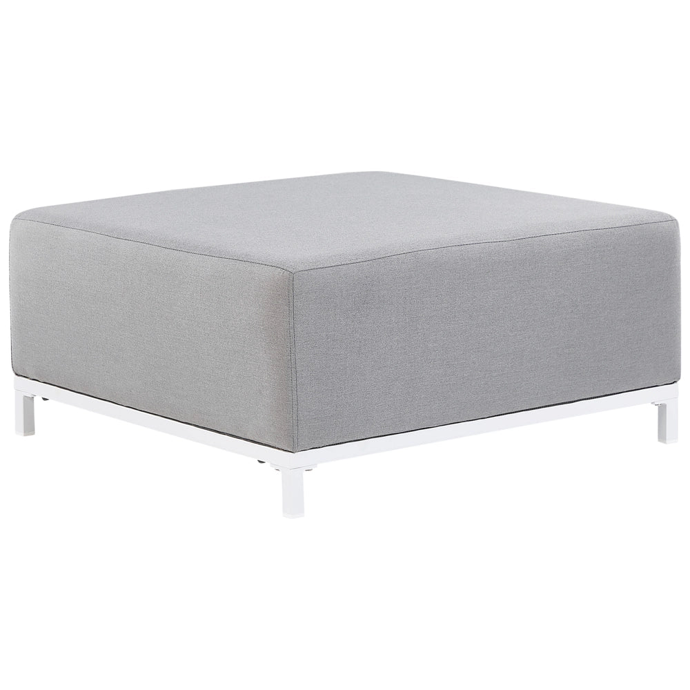 Pouf in tessuto grigio chiaro e piedini bianchi per interni ed esterni struttura in metallo resistente all'acqua
