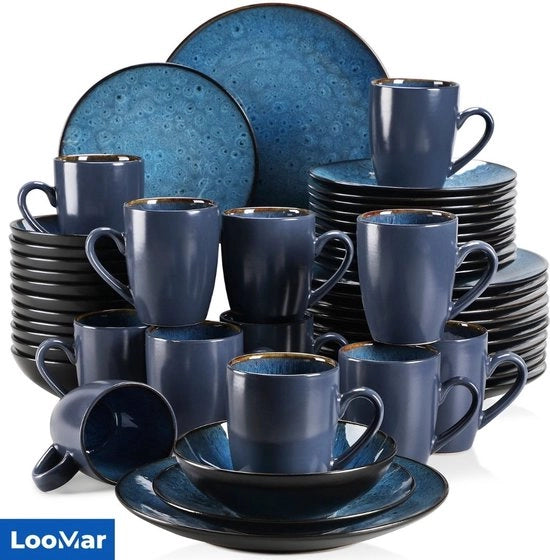Set da tavola in porcellana - 48 pezzi - 12 persone - Ciotole per pranzo - Ciotole per dessert - Ciotole per caffè - Set - Blu - Bubble