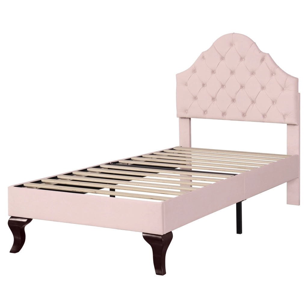 Letto imbottito 90x200 cm in velluto rosa con rete a doghe e testiera regolabile