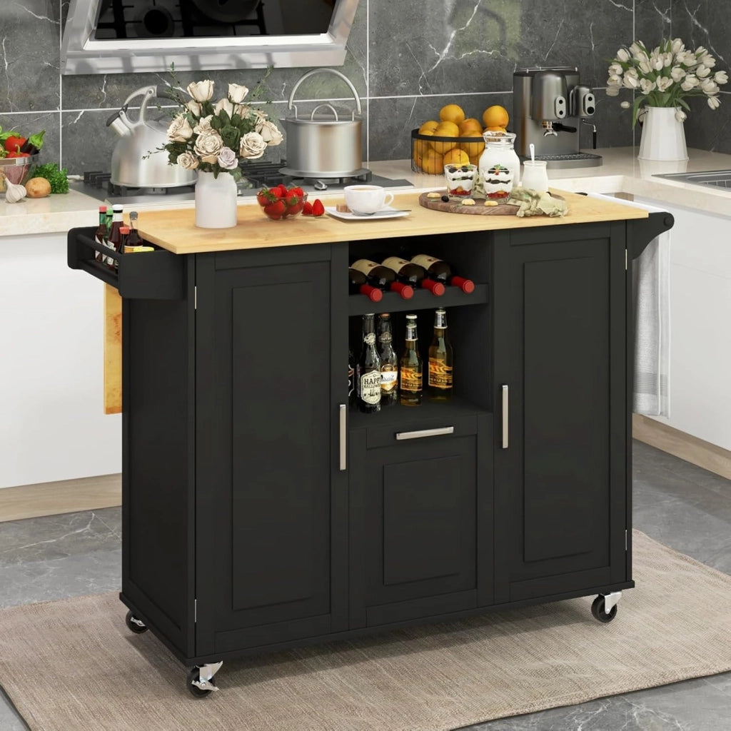 Carrello da Cucina, Isola Cucina con Piano Ribaltabile e 4 Ruote Girevoli, con Cassetto Profondo Portabottiglie Aperto e Porta Asciugamani, 130x74x90 cm (Nero)