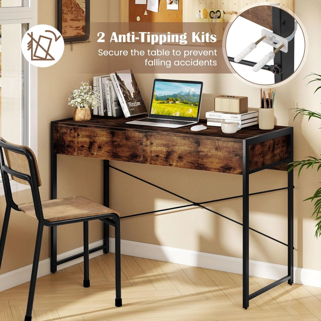 Scrivania con 2 Cassetti, Tavolo da Computer con Telaio in Metallo, Traverse Rinforzate e Supporti a X, 2 Kit Antiribaltamento, Ufficio Industriale per Camera, Studio, Sala Studio