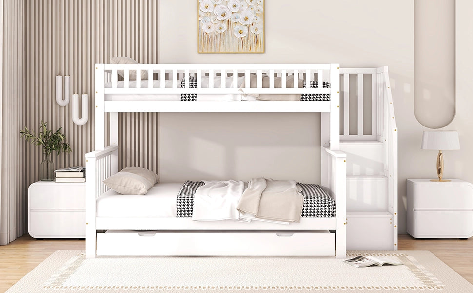 DESMIU Letto a castello 3 posti con letto estraibile, vani portaoggetti e scala, 90 × 200 e 140 × 200 cm, senza materasso