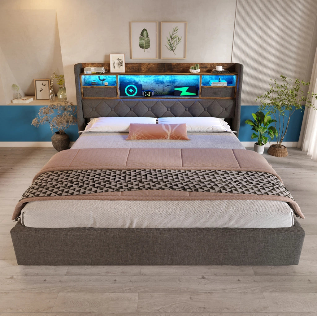 Letto imbottito 140x190 con contenitore, LED e porte USB