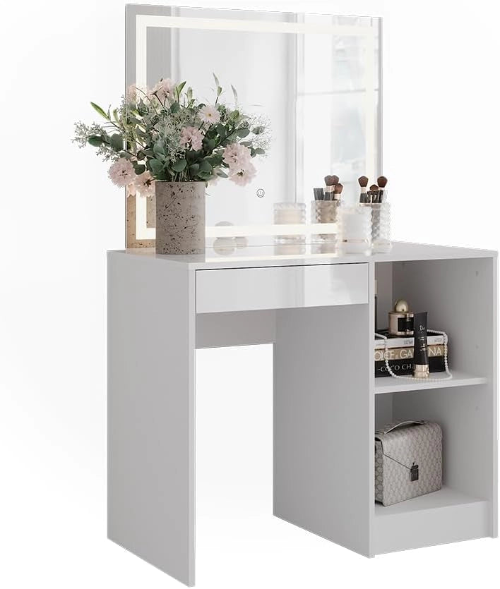 Tavolo da toeletta Sherry, Bianco/bianco lucido, 89.8 cm con specchio LED, con piano d'appoggio e ripiani laterali