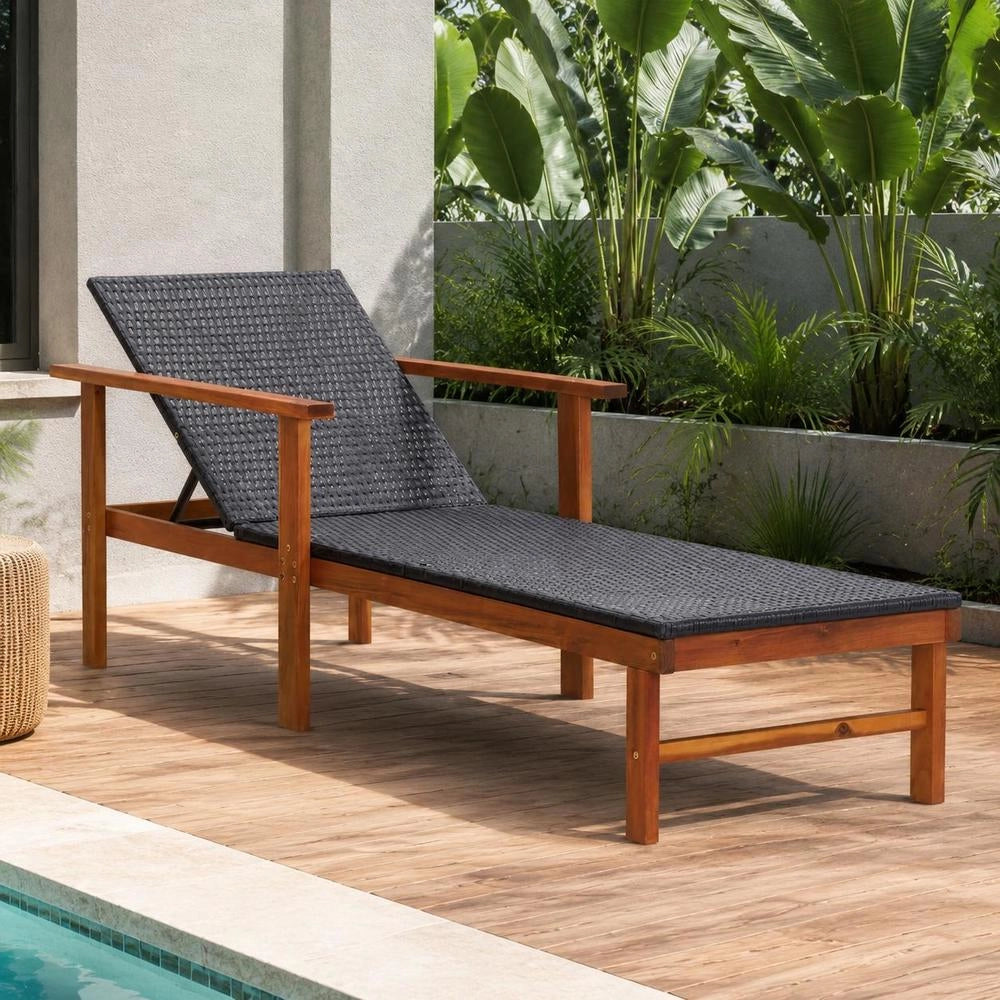 Sun Lounger Made Of Poly Rattan And Solid Acacia Wood, Black