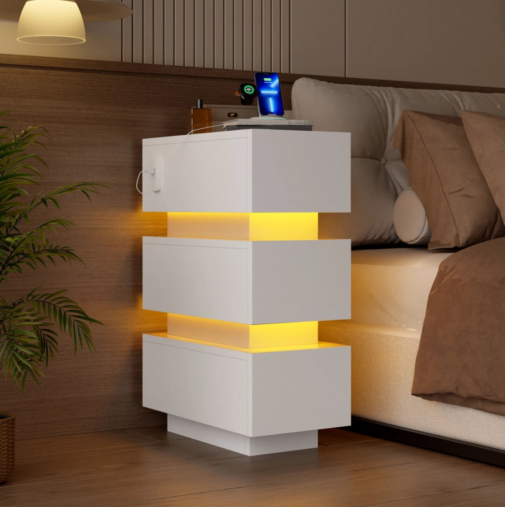 Set di 2 comodini stretti con 3 cassetti; USB e Type-C; LED; 20x40x59;5 cm; bianco