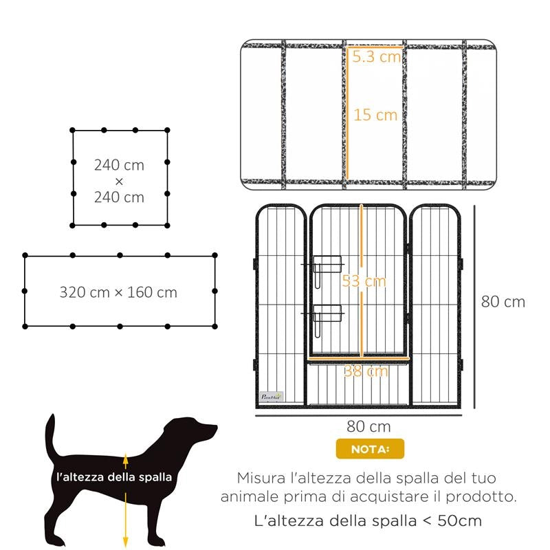 RECINTO PER CANI A 12 PANNELLI MODULABILI DA 80X1.5X80 CM, PIEGHEVOLE CON PORTA IN ACCIAIO, 12 PICCHETTI, GRIGIO