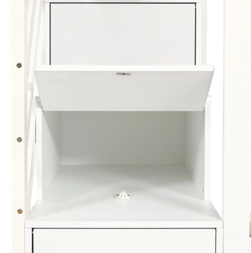 Letto a castello per bambini 90x200 cm con scala contenitore; finestra e ripiani in legno massello e MDF; bianco e naturale