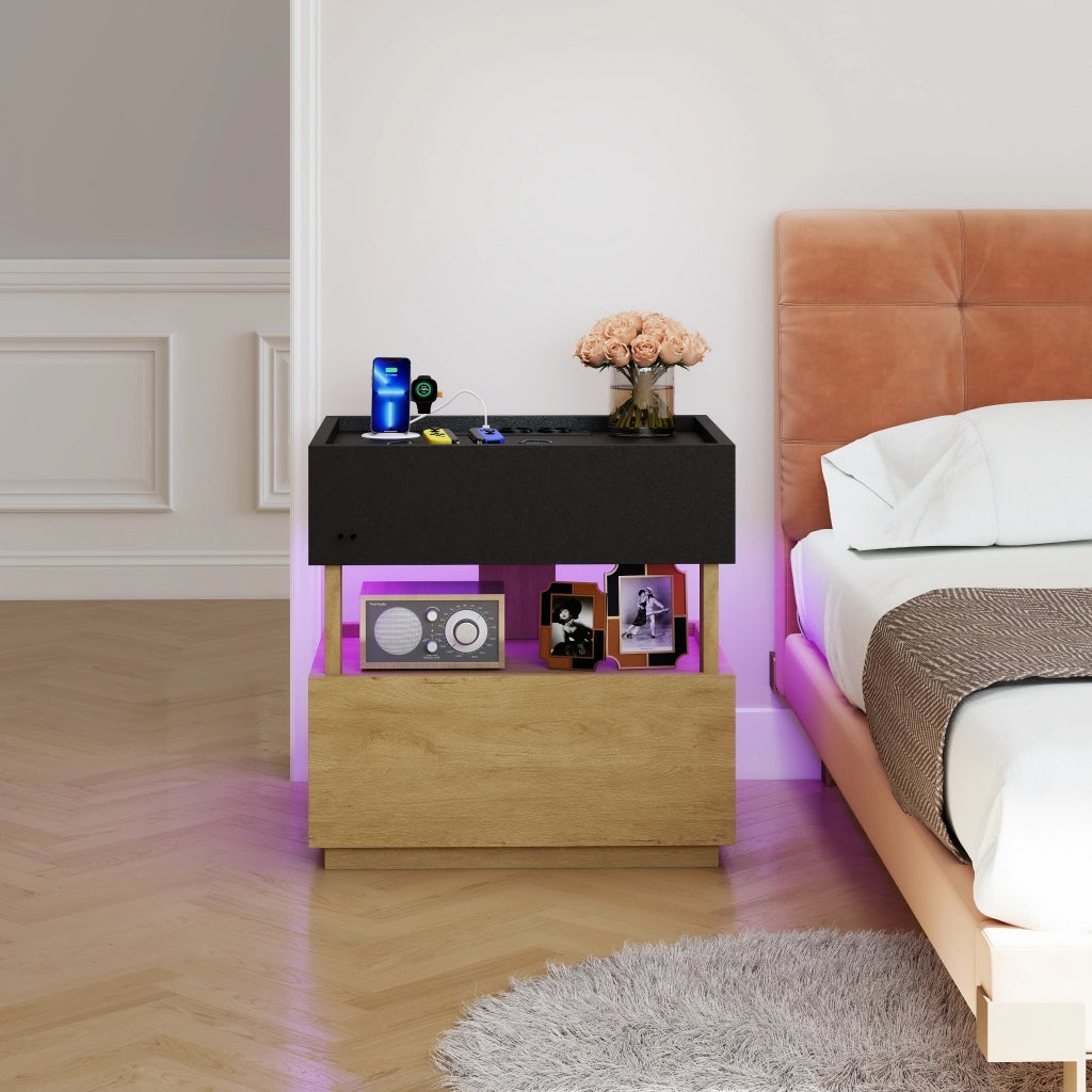 TAVOLINO NOTTURNO con ricarica wireless e USB 50x40x50 cm Nero/Naturale