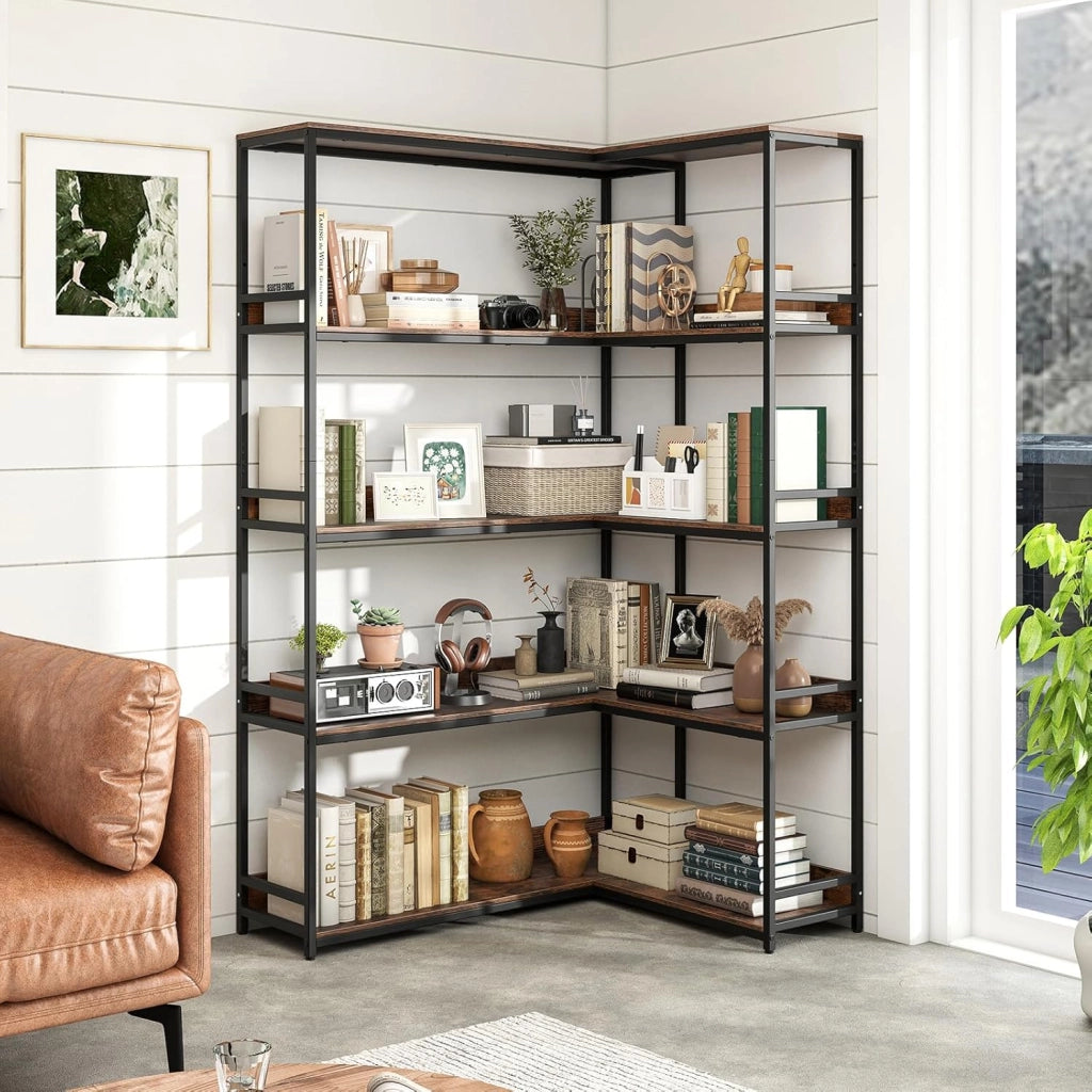 Scaffale multifunzionale a 5 livelli, libreria a forma di L con struttura in metallo resistente, ripiani aperti con bordi rialzati, 110 x 89 x 180 cm, per soggiorno, ufficio