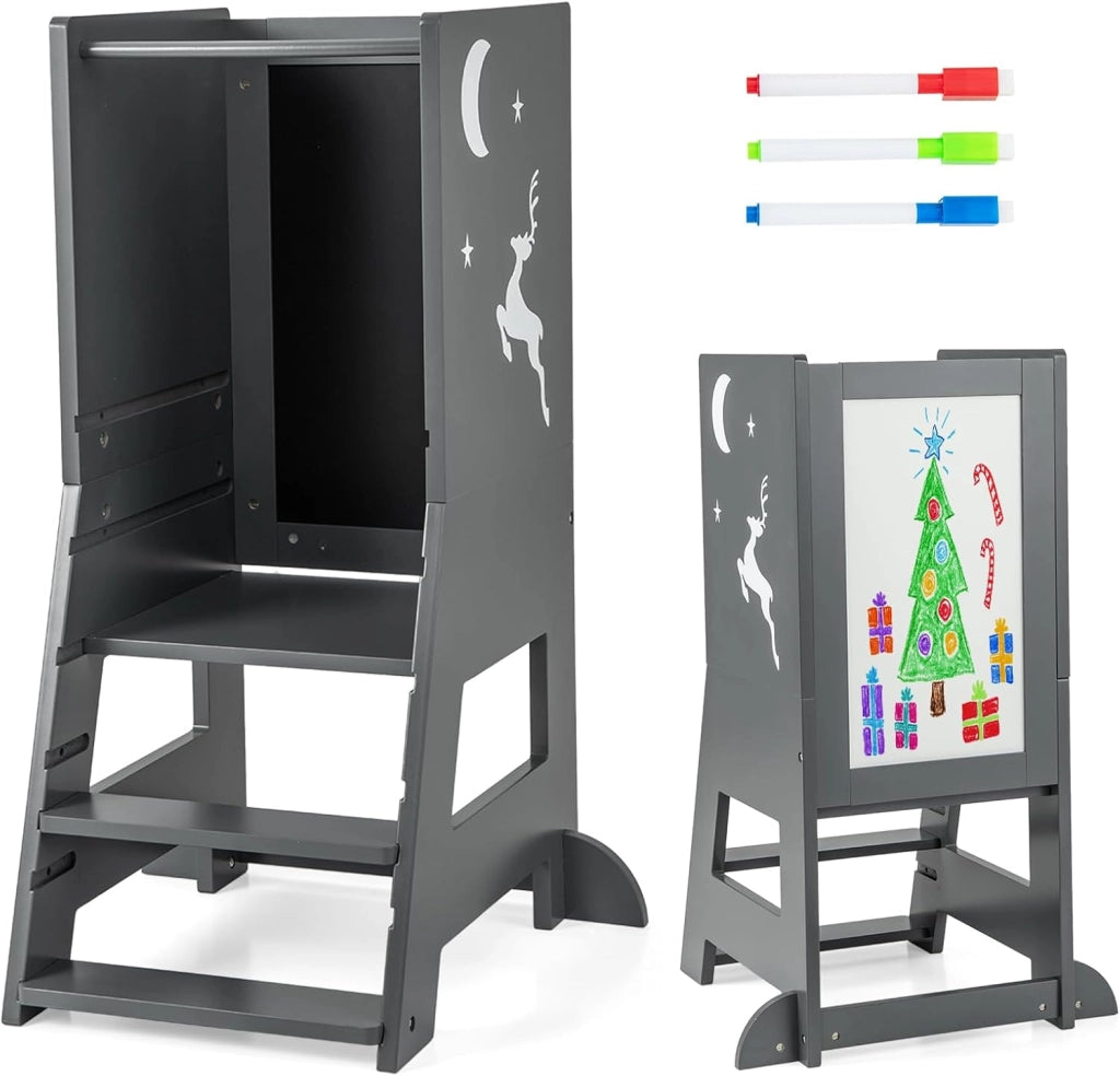 Torre per Bambini 2 in 1, Sgabello da Cucina per Bambini con Lavagna, Piattaforma e Gradino Regolabili, per Bambini da 1 a 7 Anni, Capacità di Carico 70 kg (Rosa)
