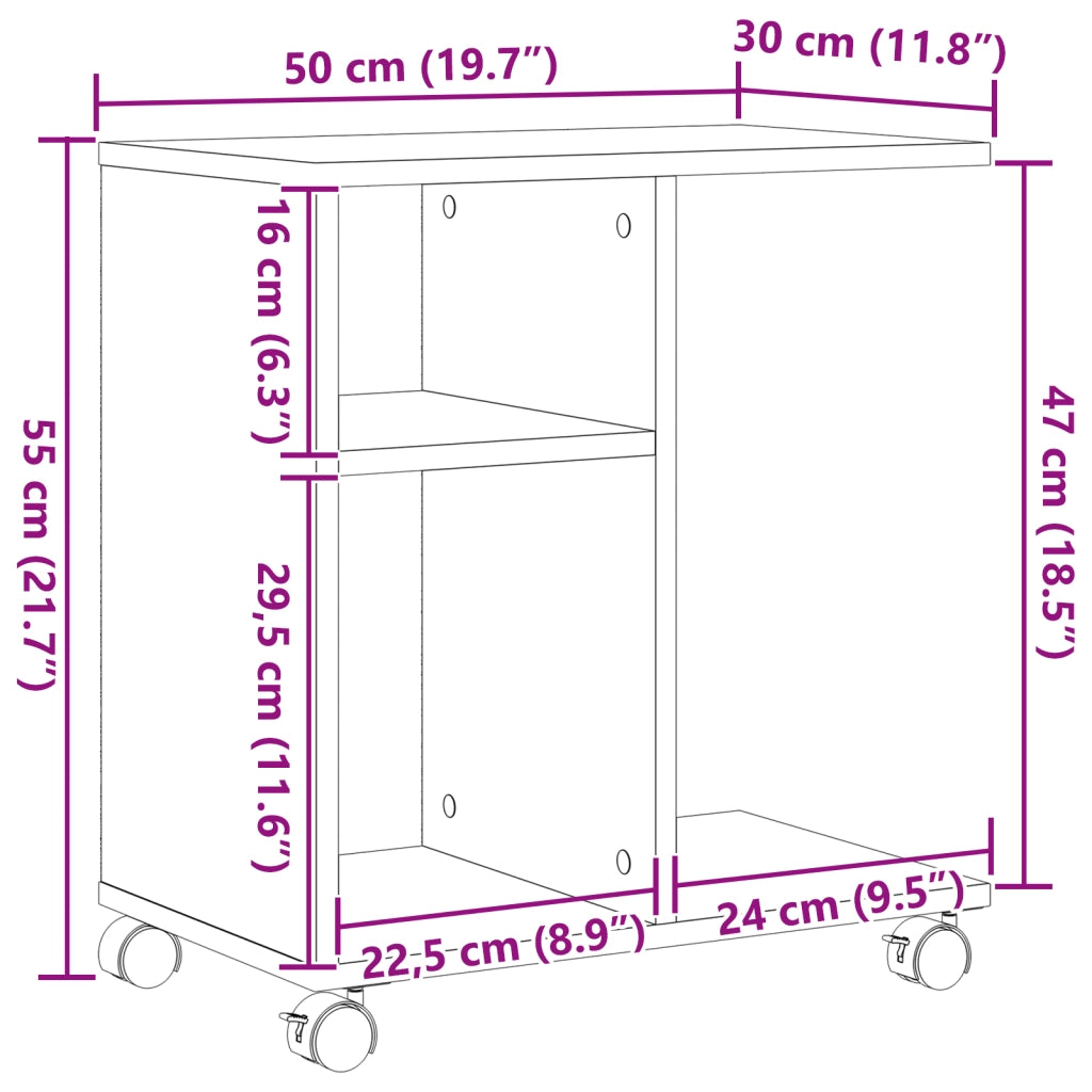 Tavolino con Ruote Nero Rovere 50x30x55 cm in Legno Ingegnerizzato