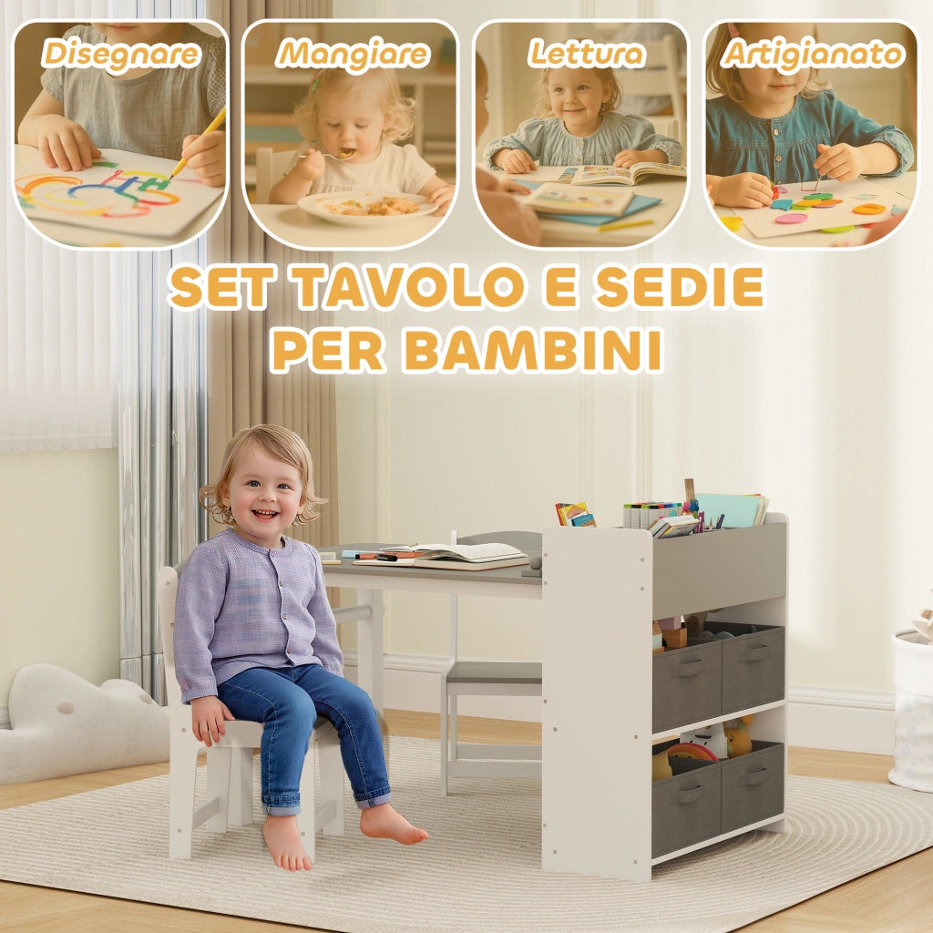 Tavolo da pranzo per bambini con 2 sedie ¨C zephmum ¨C grigio e bianco in legno e tessuto