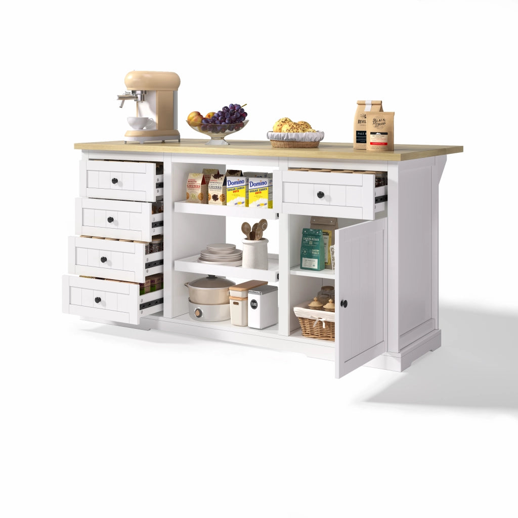 Credenza da Cucina con 5 Cassetti; 2 Ripiani Estraibili; Piano Ribaltabile e Prese; 150x65x75;5 cm