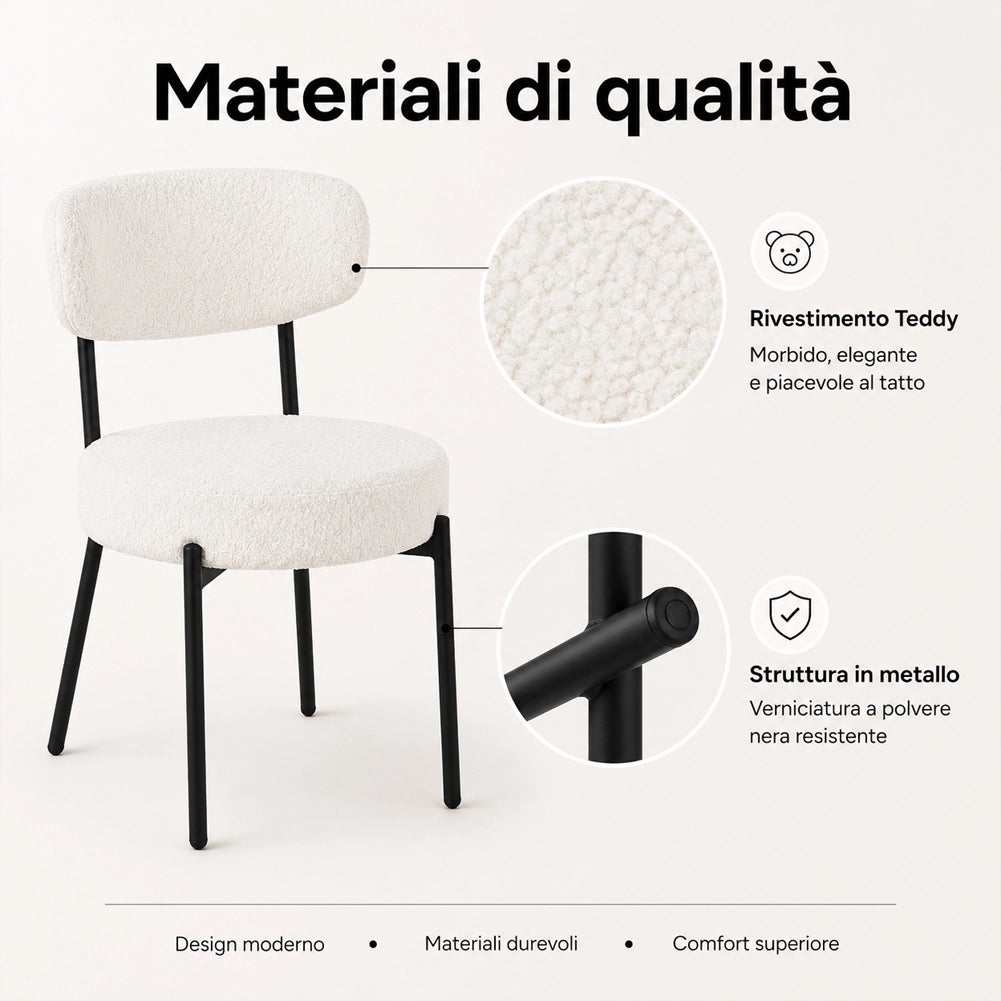 Set 4 Sedie da Pranzo con Gambe Metallo e Seduta Tessuto Teddy Imbottita Crema