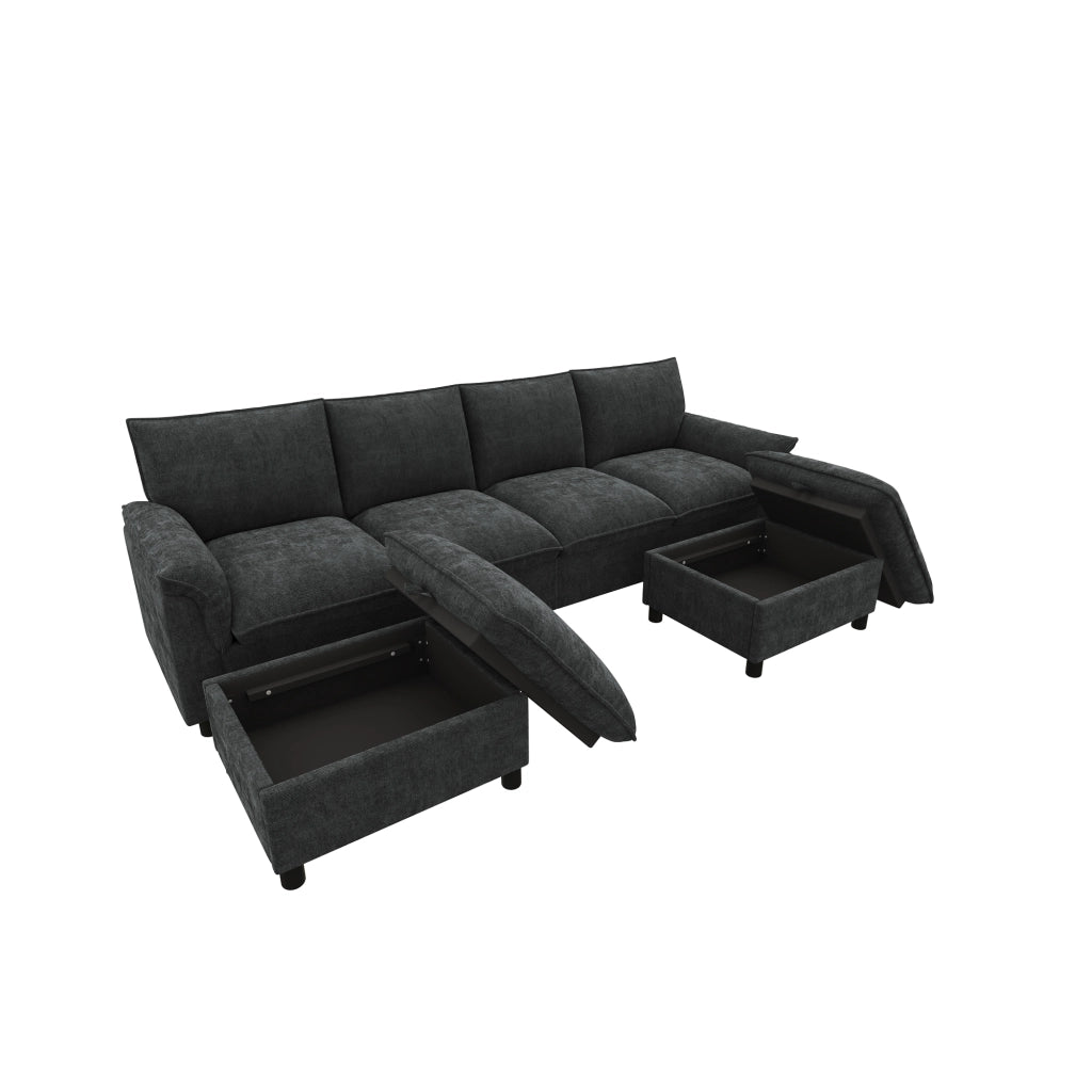 Divano modulare a U in tessuto Chenille nero con 2 pouf mobili, schienale alto e vano contenitore