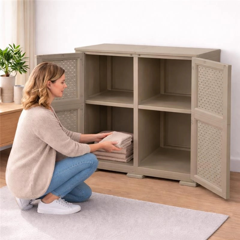 ARMADIO 2 MODULI TAUPE 79X43X85,5 CM CON ANTE TRAFORATE – MOBILE CONTENITORE DECORATIVO PER ZONA LIVING