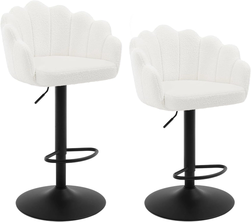 Sgabelli Cucina Set di 2, Regolabile e Girevole a 360°, Seduta in Tessuto Teddy, con Schienale e Poggiapiedi, per Cucina, Sala da Pranzo, Bar, Nero