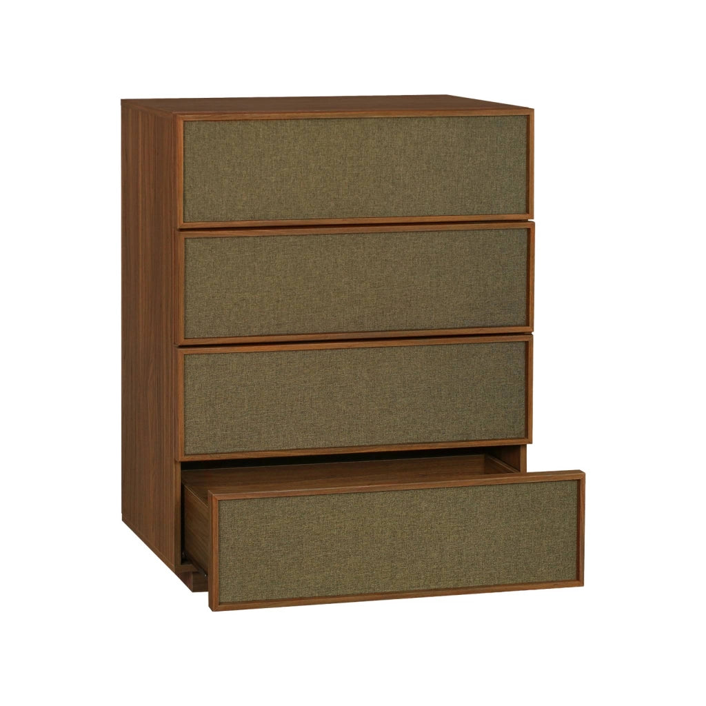 Cassettiera decorativa in legno e tessuto con 4 cassetti, noce