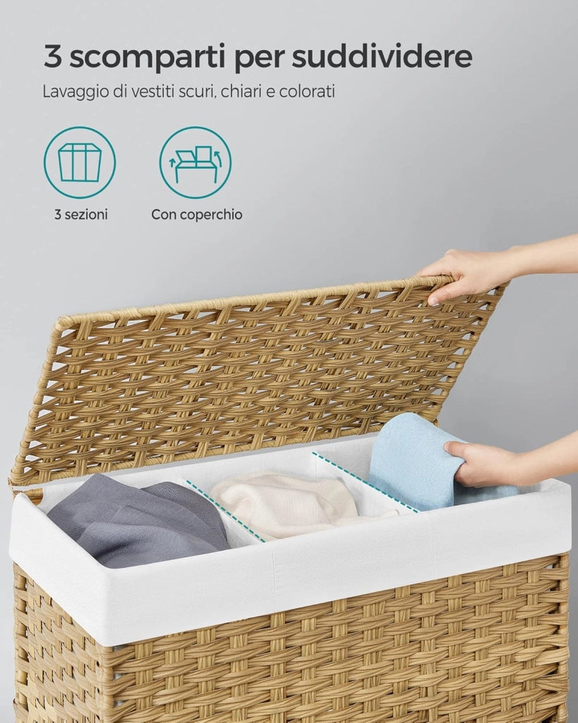 SONGMICS Cesto Portabiancheria con Coperchio, 140L, Cesta Biancheria in Rattan Sintetico con Ruote, 3 Scomparti, Sacco Rimovibile, Lavanderia Camera da Letto, 66 x 33 x 66 cm, Naturale LCB363N01