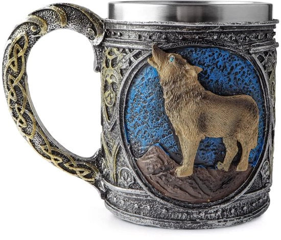 Tazza da Caffè 3D con Motivo di Lupo Stereoscopico - Retro Bicchierino da Birra - Regalo per Uomini - In Acciaio Inox - Capacità 450ml
