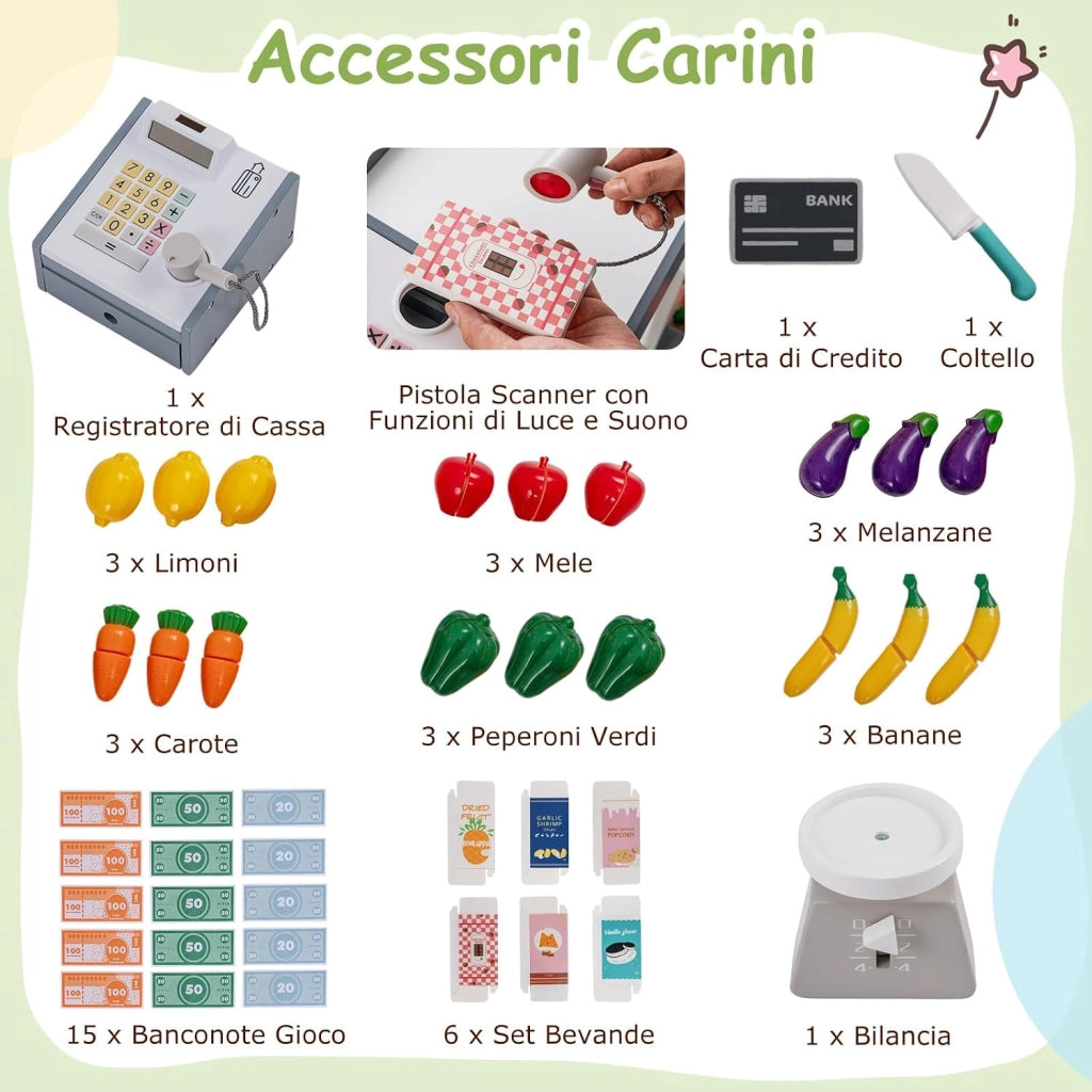 Supermercato Giocattolo per Bambini, Set di Gioco Comprasuper con Carrello, Lavagne, Distributore, Banco Cassa e Accessori Complessivi, per Bambini 3+ Anni, 89,5 x 79 x 104,5 cm
